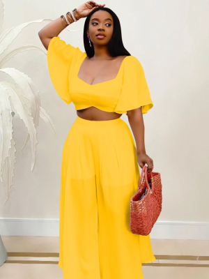 Yellow Sexy Backless Chiffon Loose Two-Piece Suit