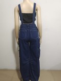Blue Fashionable Loose Denim Suspender Pocket Jumpsuit