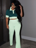 Green Spliced ​​Contrast Color Short-Sleeved Top Wide-Leg Pants Two-Piece Set