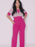 Rose Red Spliced ​​Contrast Color Short-Sleeved Top Wide-Leg Pants Two-Piece Set