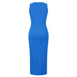 Blue Summer Fashion Casual Knitted Sleeveless Round Neck Dress