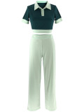 Green Spliced ​​Contrast Color Short-Sleeved Top Wide-Leg Pants Two-Piece Set