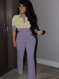 Purple Spliced ​​Contrast Color Short-Sleeved Top Wide-Leg Pants Two-Piece Set