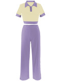 Purple Spliced ​​Contrast Color Short-Sleeved Top Wide-Leg Pants Two-Piece Set