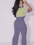 Purple Spliced ​​Contrast Color Short-Sleeved Top Wide-Leg Pants Two-Piece Set