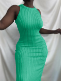 Green Summer Fashion Casual Knitted Sleeveless Round Neck Dress