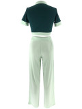 Green Spliced ​​Contrast Color Short-Sleeved Top Wide-Leg Pants Two-Piece Set