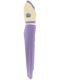 Purple Spliced ​​Contrast Color Short-Sleeved Top Wide-Leg Pants Two-Piece Set