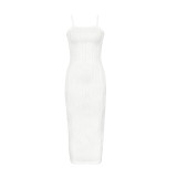 White Suspender Knitted Rippled Hip Dress