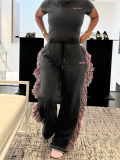 Fashionable Embroidered T-shirt High-waisted Fringed Pants Two-piece Set