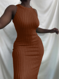 Brown Summer Fashion Casual Knitted Sleeveless Round Neck Dress