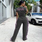 Fashionable Embroidered T-shirt High-waisted Fringed Pants Two-piece Set