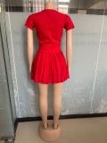 Red Knitted Elastic Sports Casual Sweater Skirt Two-Piece Set