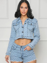 Light Blue Casual Lapel Long-Sleeved Ripped Denim Shorts Two-Piece Set