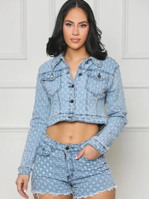 Light Blue Casual Lapel Long-Sleeved Ripped Denim Shorts Two-Piece Set