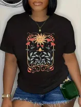 Black Fashion O-Neck Trendy Printed Short-Sleeved T-Shirt