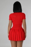 Red Knitted Elastic Sports Casual Sweater Skirt Two-Piece Set