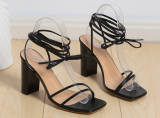 Black Fashionable Square Toe Strappy Thick Heel Strappy Sandals