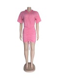 Pink Casual Hooded Shirred Short Sleeve Dress