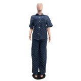 Blue Casual Plaid Washed Denim Flared Pants Two-Piece Set
