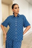Blue Casual Plaid Washed Denim Flared Pants Two-Piece Set