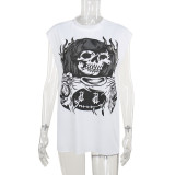 White Fashionable Printed Loose Large Size Tank Top T-Shirt