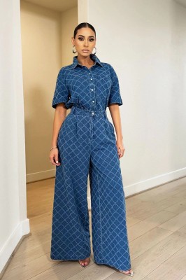 Blue Casual Plaid Washed Denim Flared Pants Two-Piece Set