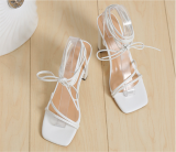 White Fashionable Square Toe Strappy Thick Heel Strappy Sandals