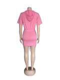 Pink Casual Hooded Shirred Short Sleeve Dress