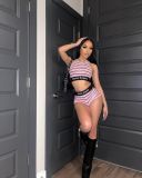 Sexy Striped Digital Print Tank Top Shorts Set