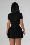 Black Knitted Elastic Sports Casual Sweater Skirt Two-Piece Set