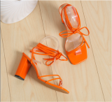 Orange Fashionable Square Toe Strappy Thick Heel Strappy Sandals