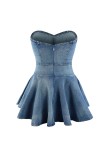 Light Blue Tube Top Slim Fit Elastic Ruffle Dress
