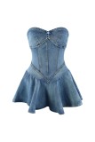 Light Blue Tube Top Slim Fit Elastic Ruffle Dress