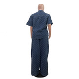 Blue Casual Plaid Washed Denim Flared Pants Two-Piece Set