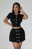 Black Knitted Elastic Sports Casual Sweater Skirt Two-Piece Set