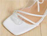 White Fashionable Square Toe Strappy Thick Heel Strappy Sandals