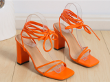 Orange Fashionable Square Toe Strappy Thick Heel Strappy Sandals