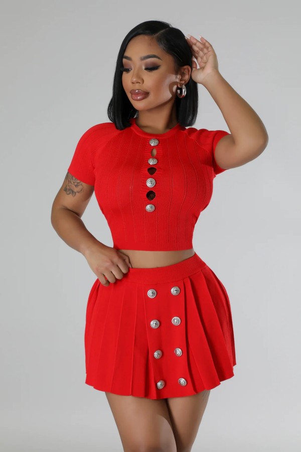 Red Knitted Elastic Sports Casual Sweater Skirt Two-Piece Set