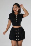 Black Knitted Elastic Sports Casual Sweater Skirt Two-Piece Set