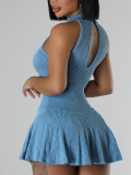 Blue Sexy O-Neck Stretch Sleeveless Dress