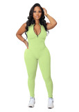 Green Elastic Zipper Women's Jumpsuit