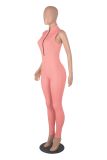 Pink Elastic Zipper Women's Jumpsuit