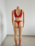 Red V-Neck Print Sexy Tight Trendy Suit Swimsuit Two Piece Set