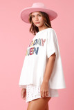 White Stylish Birthday Queen Sequined Loose T-Shirt