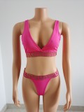 Pink V-Neck Print Sexy Tight Trendy Suit Swimsuit Two Piece Set