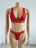 Red V-Neck Print Sexy Tight Trendy Suit Swimsuit Two Piece Set