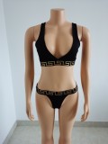 Black V-Neck Print Sexy Tight Trendy Suit Swimsuit Two Piece Set