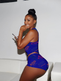 Blue Letter Printed Vest Shorts Sports Two-Piece Set