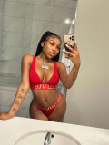 Red V-Neck Print Sexy Tight Trendy Suit Swimsuit Two Piece Set